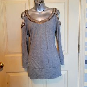 Cache Knit Holiday Top Bronze Sequins Heather Gray